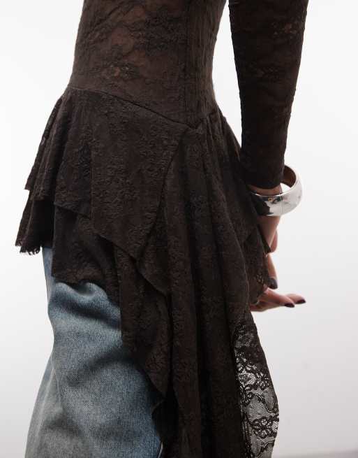 Monki top asymétrique à volants en dentelle à manches longues marron foncé, 4 de 4