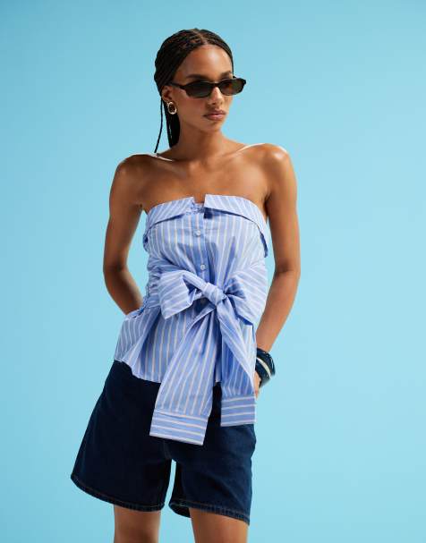 Monki - Top bandeau style chemise noué à l'avant à fines rayures - Bleu et rose - view 1