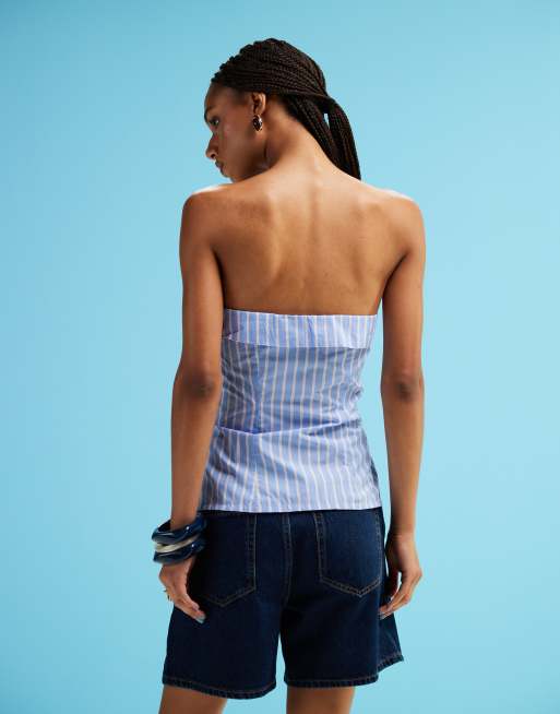 Monki - Top bandeau style chemise noué à l'avant à fines rayures - Bleu et rose, 4 de 4