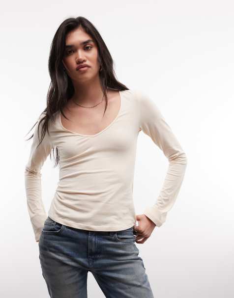 Monki - top beige de manga larga con cuello de pico - view 1