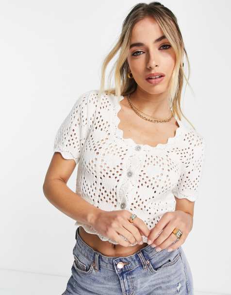 Monki - Top boutonné en maille crochetée - Blanc - view 1