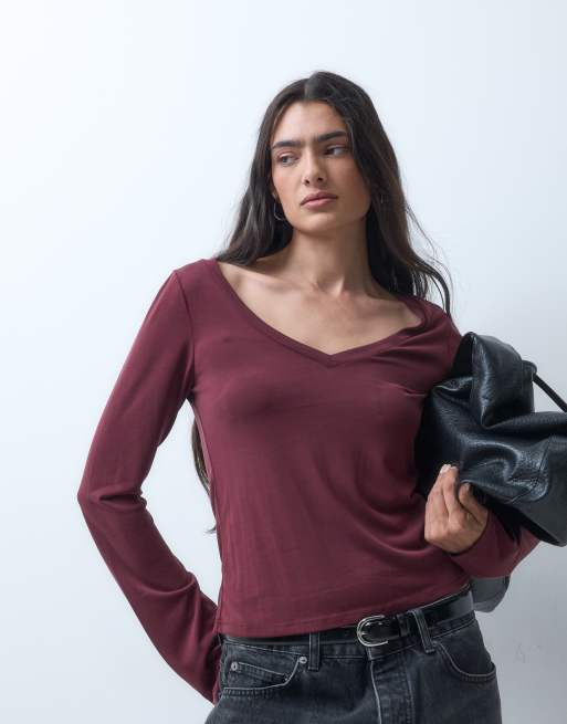 Monki top co-ord con scollo a V e maniche lunghe, soft touch, color bordeaux, 1 di 5