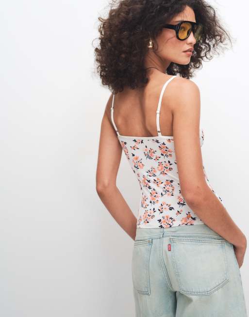 Monki - Top col V à imprimé fleuri - Pêche, 3 de 7
