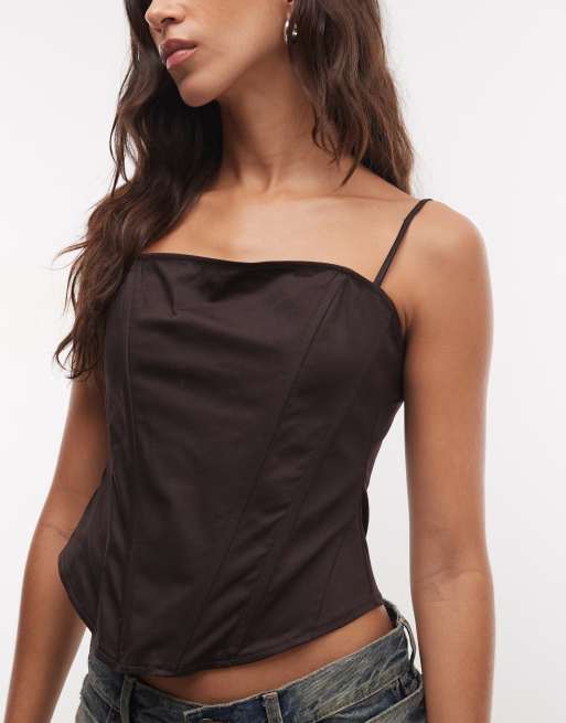 Monki - top corsé entallado en marrón oscuro, 3 de 4