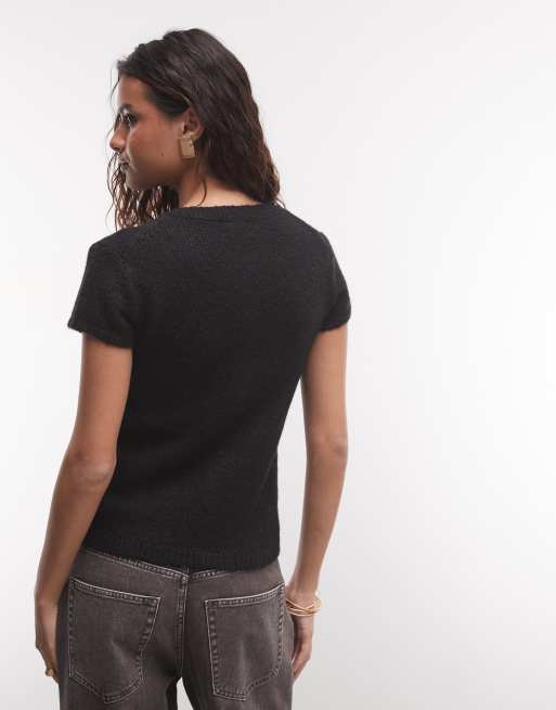 Monki top de cárdigan de punto de manga corta en negro, 4 de 4
