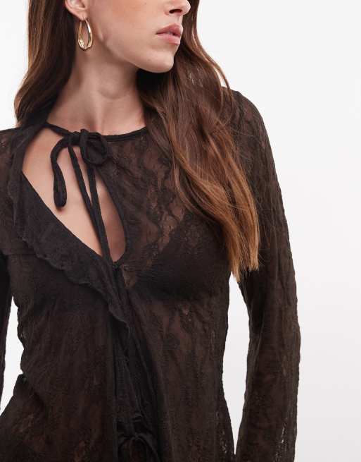Monki - top de encaje con volantes en marrón oscuro, 3 de 8