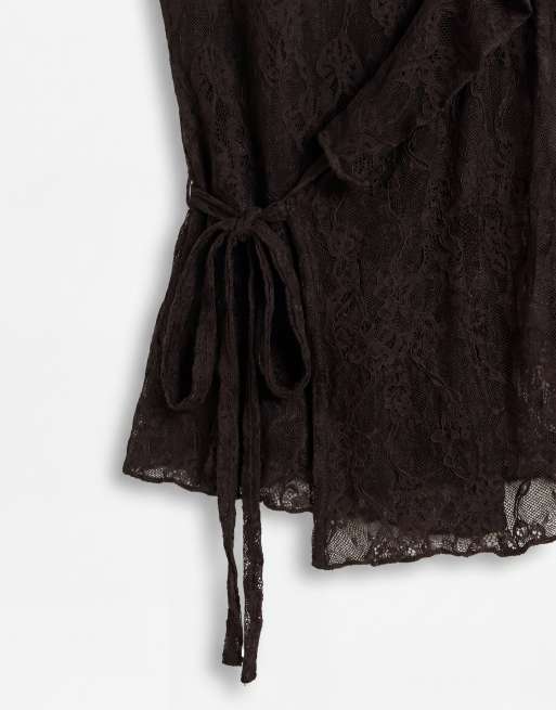 Monki - top de encaje con volantes en marrón oscuro, 7 de 8