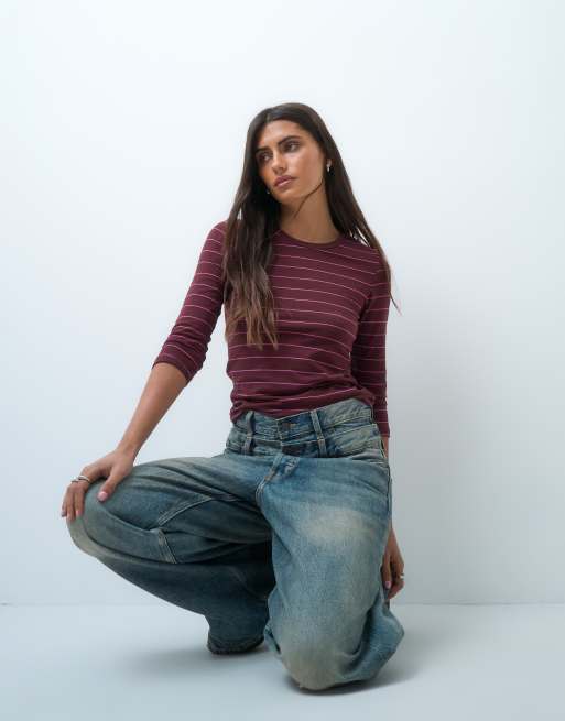 Monki - Top de manga 3/4 a rayas granates y rosas, 2 de 4