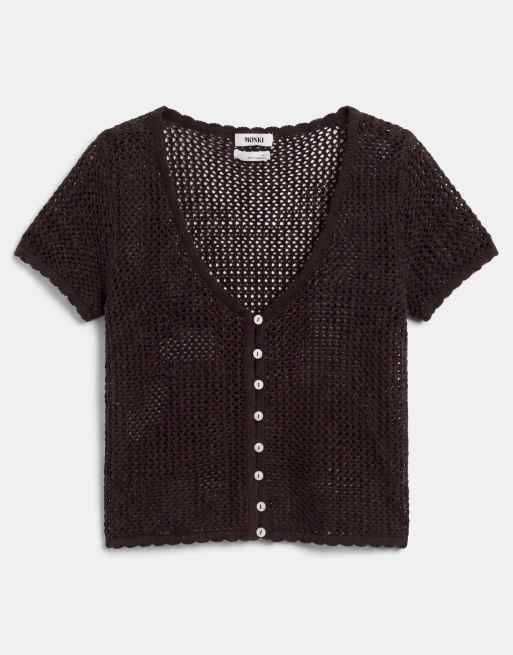 Monki - top de manga corta de punto croché para conjunto en marrón chocolate, 5 de 7