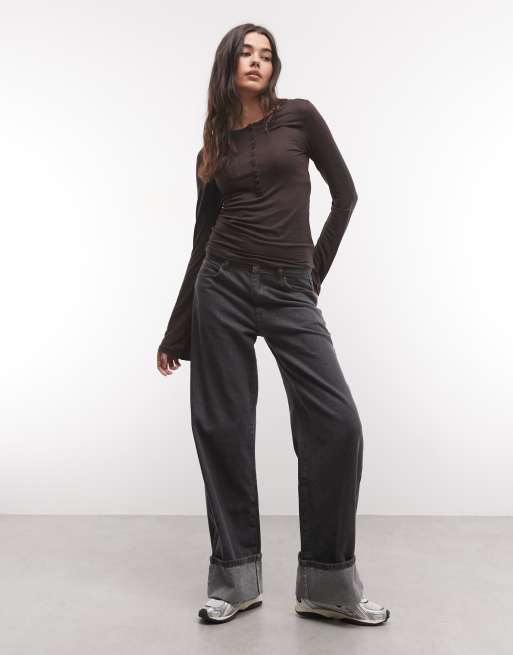 Monki top de manga larga con cuello panadero en marrón chocolate, 3 de 4