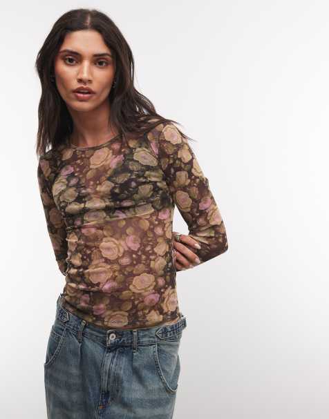 Monki - top de manga larga con punto escalera de flores marrón oscuro - view 1