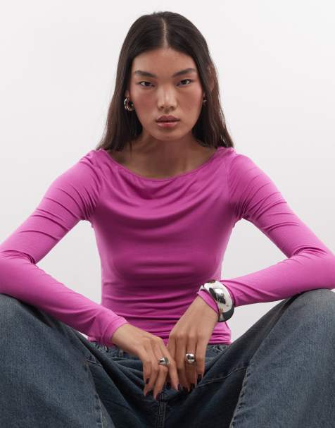 Monki - Top de manga larga semitransparente con cuello barco en rosa oscuro - view 1