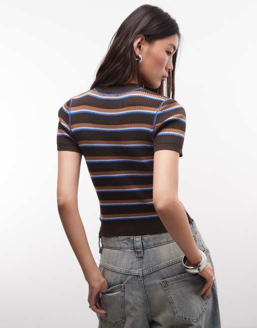 Monki - top de punto acanalado compacto de manga corta en marrón oscuro y azul, 4 de 4