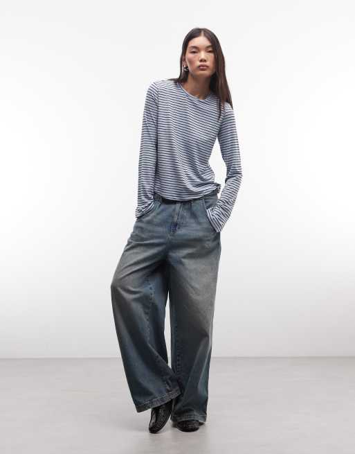 Monki - top de punto con manga acampanada largo a rayas burdeos y azules, 3 de 4