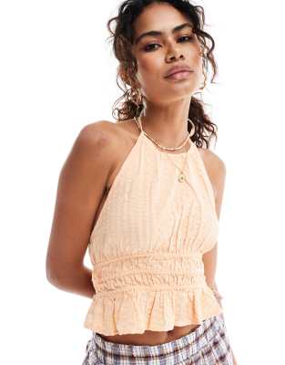 Monki - Top dos nu en crépon avec détail à volants et encolure américaine - Orange corail