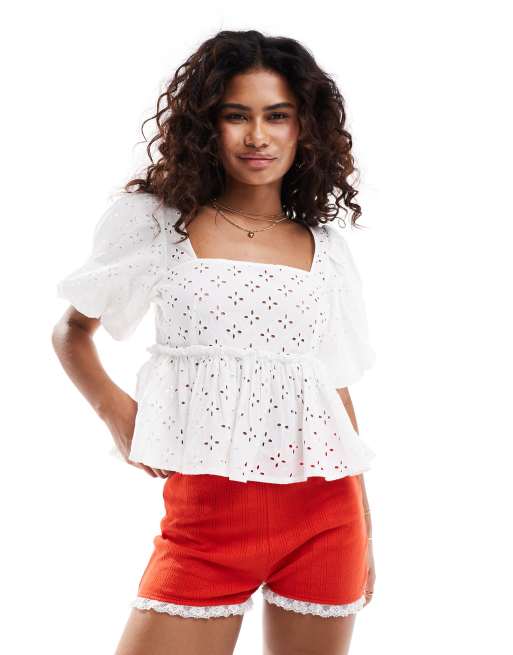 Manches Courtes Top Blanc Broderie Monki Top En Broderie Anglaise
