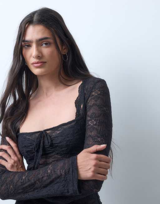 Monki top en dentelle à col carré et manches longues noir, exclusivité ASOS, 2 de 5