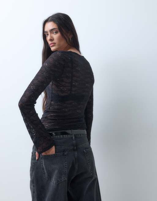 Monki top en dentelle à col carré et manches longues noir, exclusivité ASOS, 4 de 5
