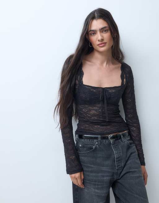 Monki top en dentelle à col carré et manches longues noir, exclusivité ASOS, 5 de 5
