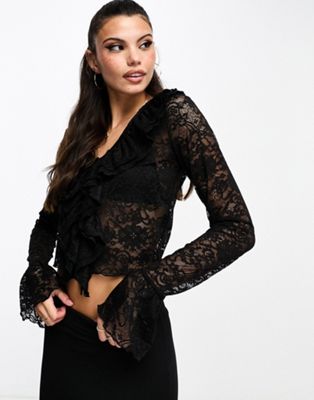 Monki long sleeve v neck lace top with ruffle detail in black - ASOS Price Checker