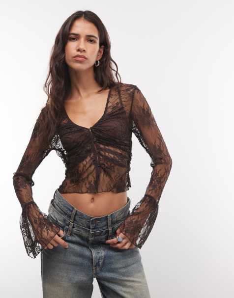 Monki top en dentelle transparente à manches longues marron chocolat - view 1