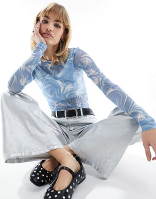 Monki long sleeve mesh top in blue swirl print - ASOS Price Checker