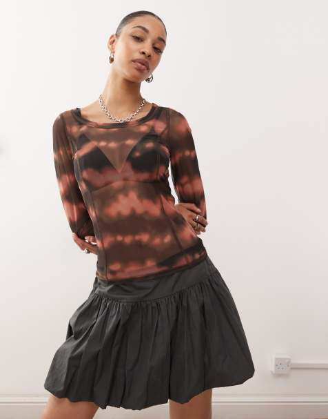 Monki - Top en tulle imprimé semi-transparent à manches longues - Marron et rose - view 1