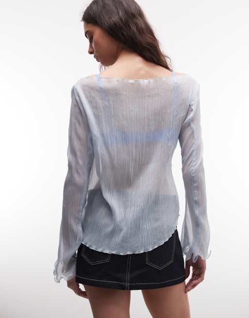 Monki - Top fluide transparent à manches longues - Bleu clair, 4 de 4