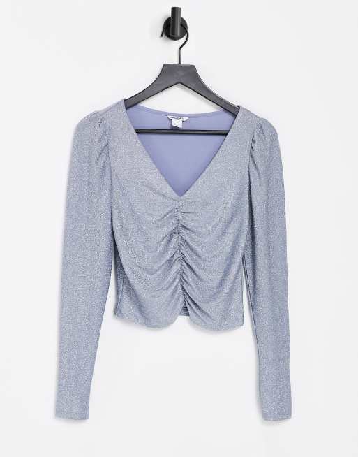 Monki - Top froncé sur le devant en velours - Bleu