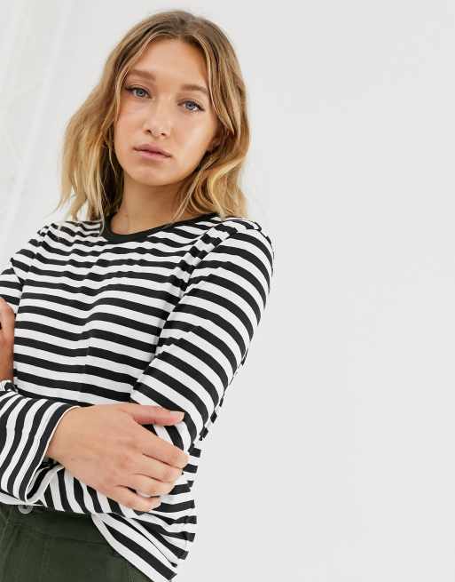 Monki - Top girocollo in misto cotone a maniche lunghe nero e bianco a righe 
