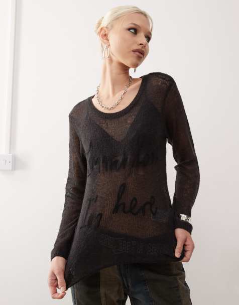 Monki - Top grigio scuro a maniche lunghe in maglia stampata trasparente - view 1
