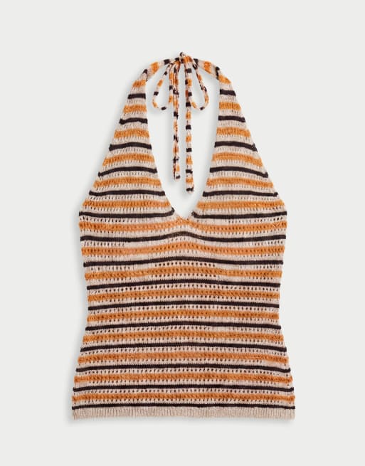 Monki - top halter de croché a rayas multicolor naranja, 5 de 7