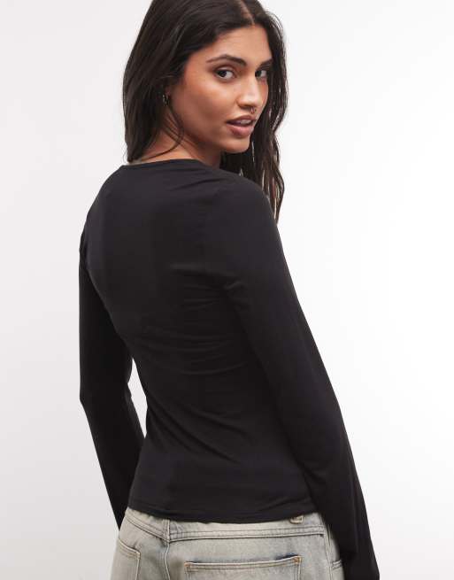 Monki - top henley de manga larga en negro, 4 de 4