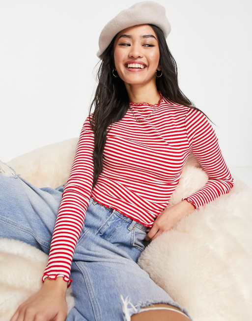 Monki - Top in cotone rosso e bianco a righe con bordo ondulato - RED