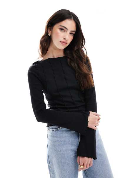 Monki - Top in jersey a coste con cuciture overlock nero - view 1