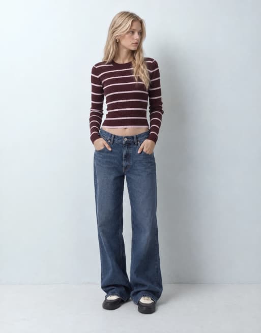 Monki top in maglia a coste a maniche lunghe a righe bordeaux, 9 di 10