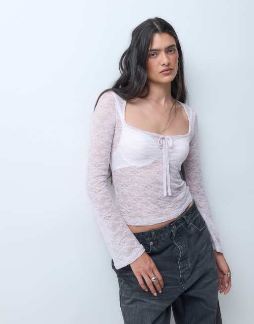 Monki top in pizzo con scollo squadrato e maniche lunghe lilla, in esclusiva per ASOS, 3 di 9