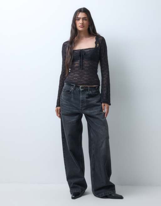 Monki top in pizzo con scollo squadrato e maniche lunghe nero, in esclusiva per ASOS, 3 di 5
