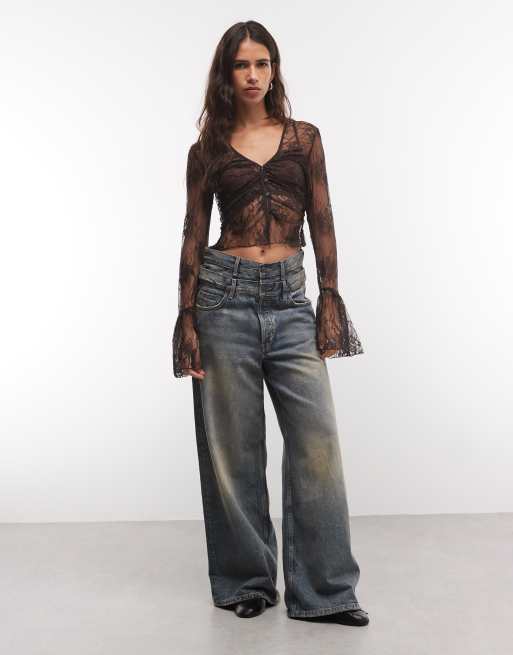Monki top in pizzo trasparente con maniche svasate marrone scuro, 2 di 4