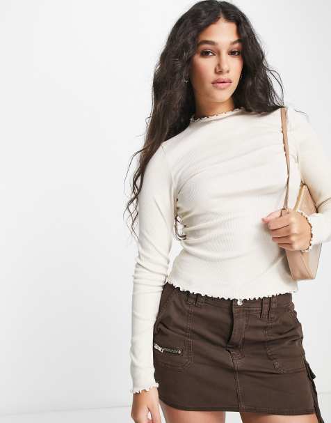 Monki - Top manches longues à bords ondulés - Beige - view 1