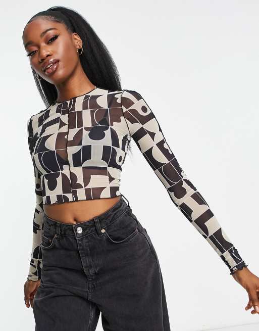 Monki - Top manches longues en tulle à imprimé carré, 4 de 4