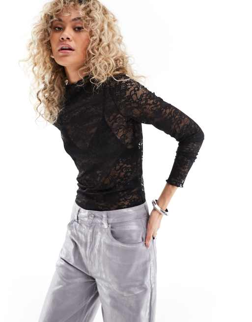 Monki Top manches longues stretch en dentelle transparente Noir ASOS