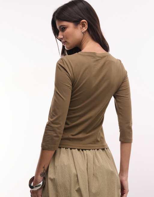 Monki top med 3/4-ærmer i khaki, 3 af 4