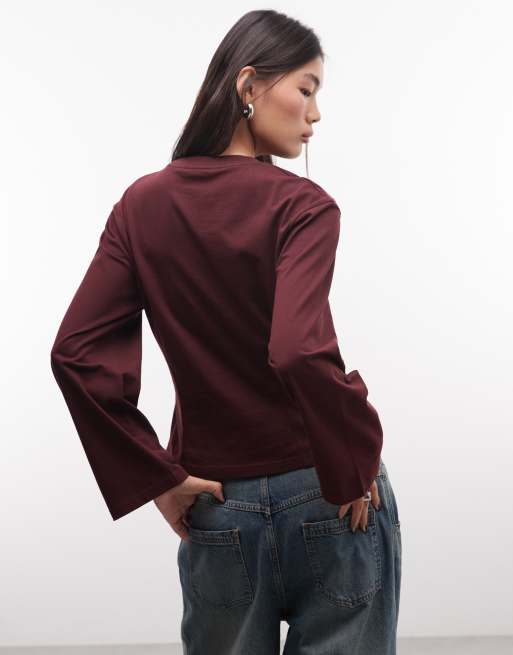 Monki top med kontursømme og lange ærmer i burgundy, 2 af 4