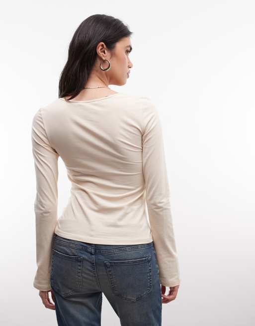 Monki top med v-hals og lange ærmer i beige, 4 af 4