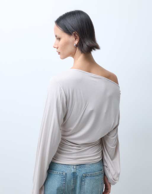 Monki top met blote schouders en getailleerde taille in stone, 5 van 5