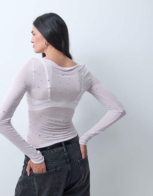 Monki top met boothals, lange mouwen en studs in licht oudroze, 4 van 10