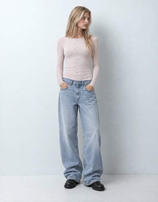 Monki top met boothals, lange mouwen en studs in licht oudroze, 9 van 10