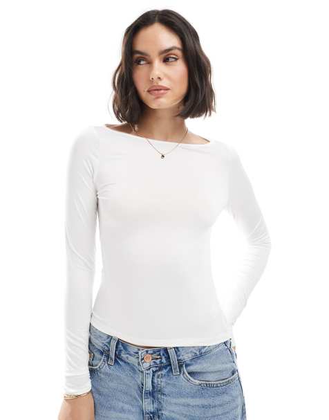 Monki - Top met lange mouwen en boothals in wit - view 1