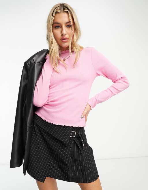 Monki - Top met lange mouwen en geschulpte rand in roze
